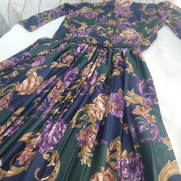 Vintage Elmora Green Blue Purple Flower Blouson Top Pleated Skirt Sizez 14 Dress - Picture 7 of 12